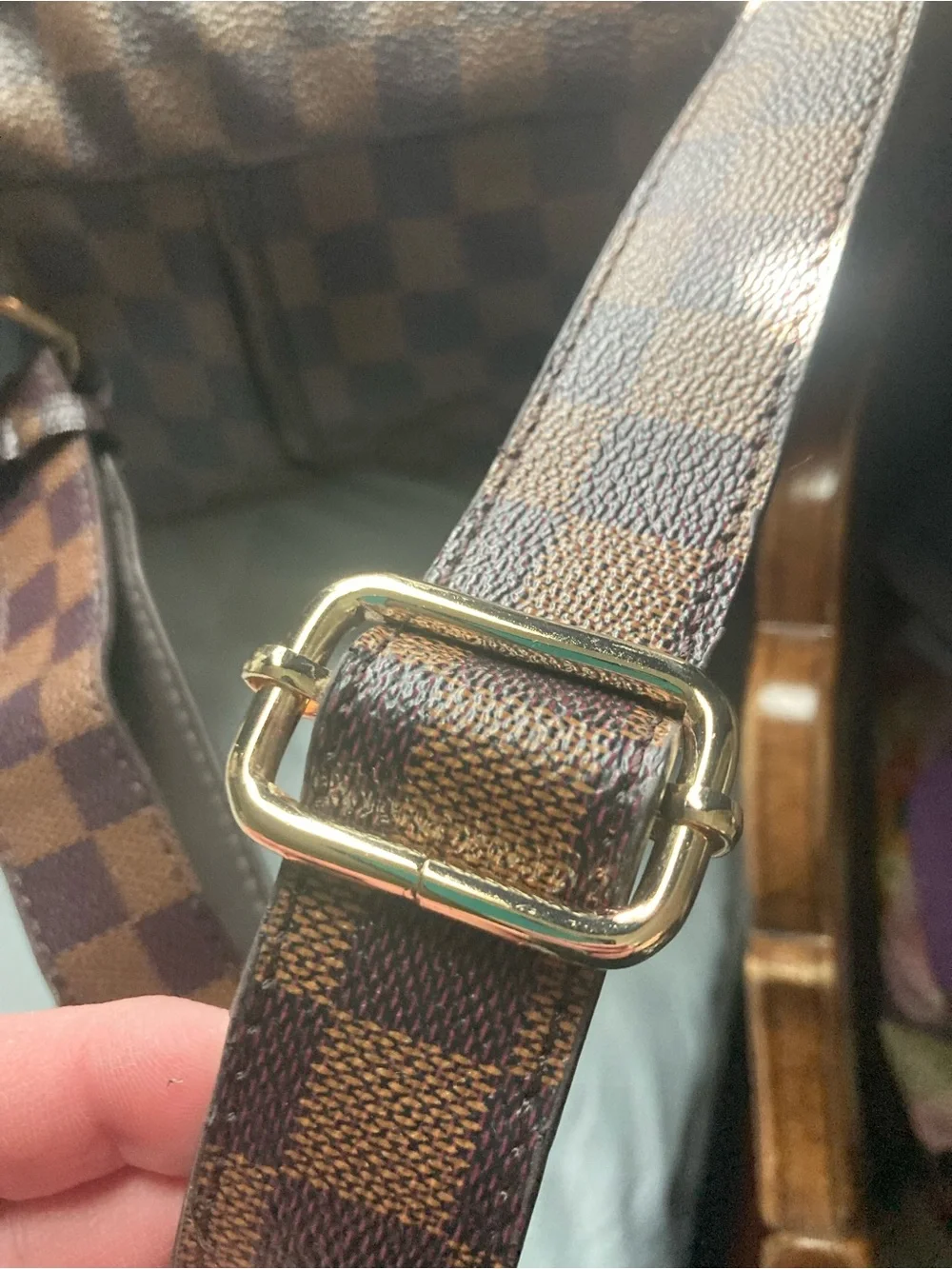 Women's Brown Checkered Backpack with Gold Hardware